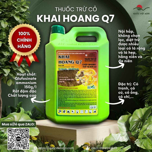 Mặt trước can thuốc trừ cỏ KHAI HOANG Q7 4.5 LÍT, chứa Glufosinate ammonium 150g/l, diệt cỏ nhanh, tận gốc.

