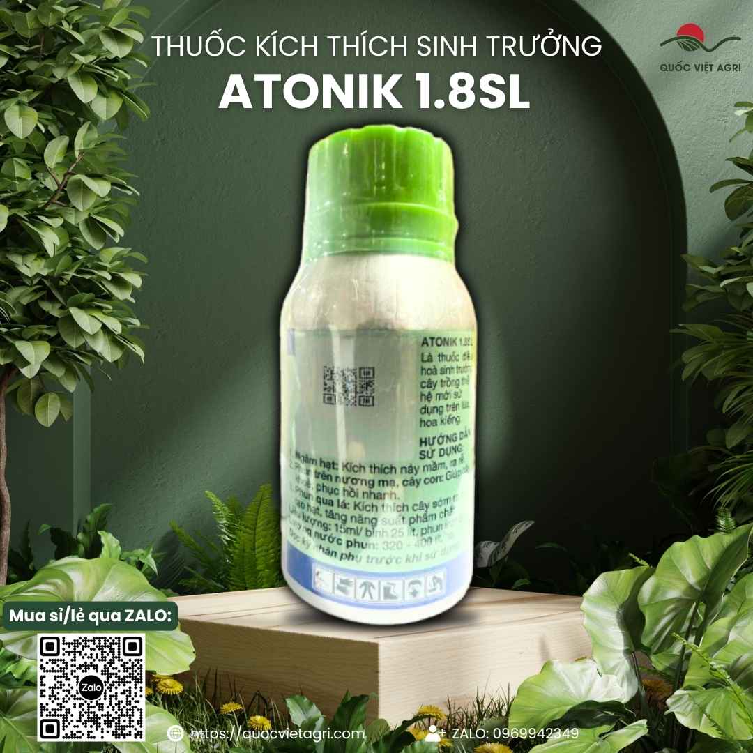 Mặt sau chai điều hòa sinh trưởng Atonik 1.8SL 100ml, chuyên dùng để kích rễ, bung chồi, sản phẩm chính hiệu Nhật Bản.
