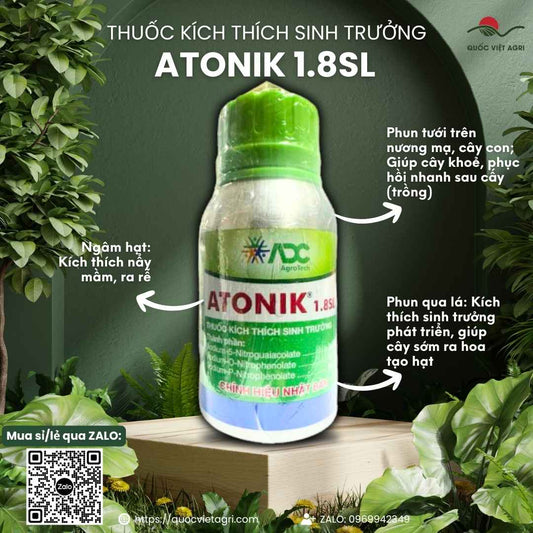 Mặt trước chai điều hòa sinh trưởng Atonik 1.8SL 100ml, chuyên dùng để kích rễ, bung chồi, sản phẩm chính hiệu Nhật Bản.


