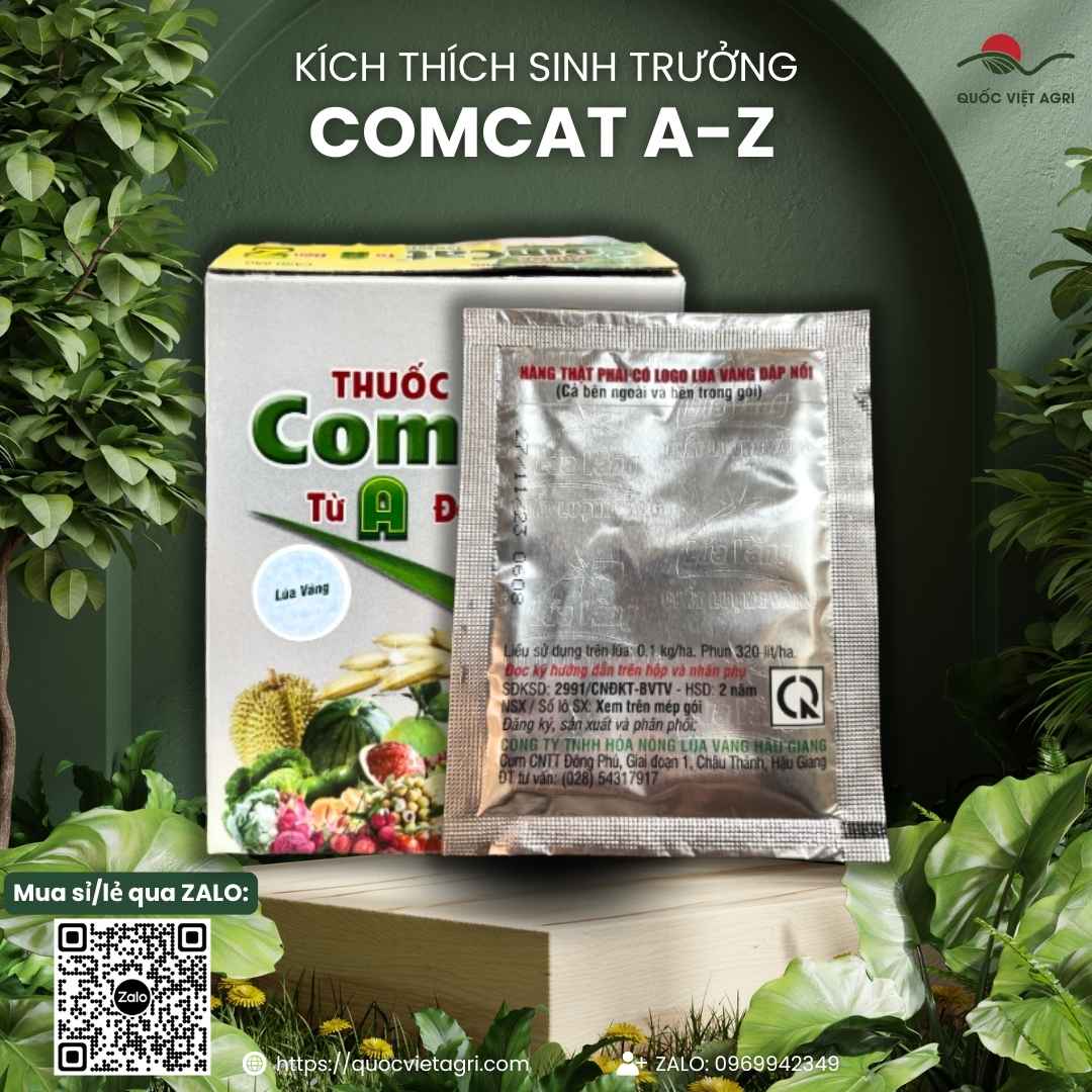 Mặt sau gói Comcat A-Z với hướng dẫn sử dụng xử lý giống và phun qua lá.