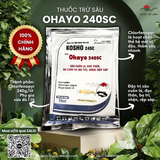 Mặt trước gói thuốc trừ sâu KOSHO OHAYO 240SC 20ml (BMC), chứa Chlorfenapyr 240g/l, đặc trị sâu cuốn lá, bọ trĩ, nhện.
