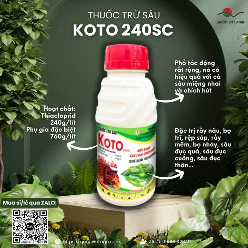 Mặt trước chai thuốc trừ sâu Koto 240SC Gấu Lửa 200ml, chuyên dùng để đặc trị rầy, rệp, bọ trĩ, sản phẩm nhập khẩu Singapore.

