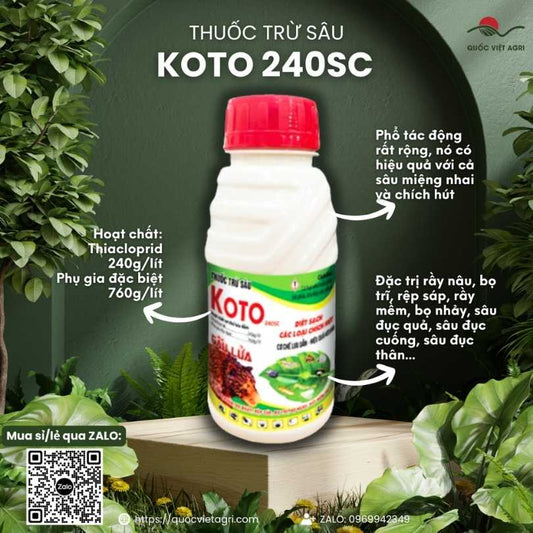 Mặt trước chai thuốc trừ sâu Koto 240SC Gấu Lửa 200ml, chuyên dùng để đặc trị rầy, rệp, bọ trĩ, sản phẩm nhập khẩu Singapore.

