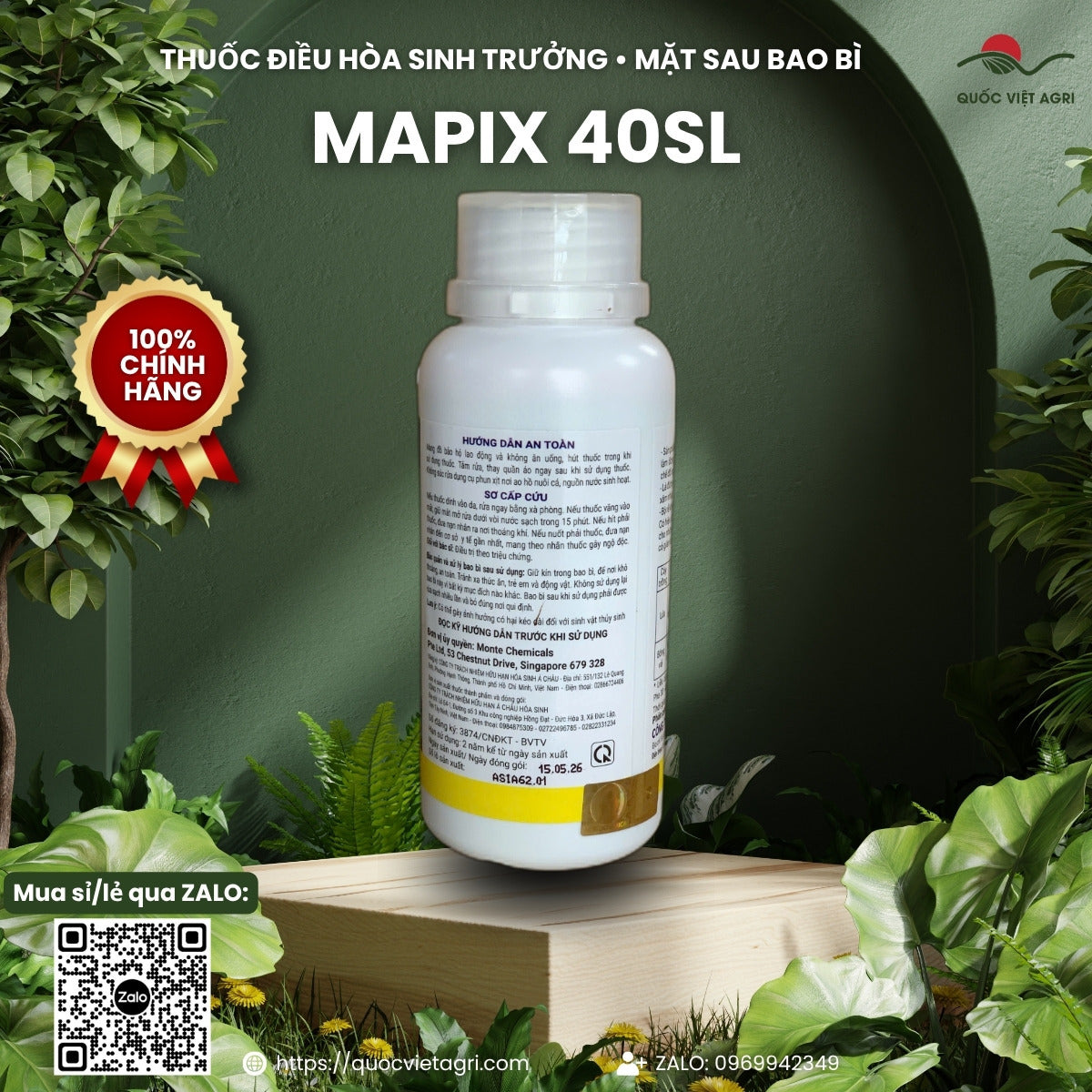 Mặt sau chai MAPIX 40SL 240 ml – hướng dẫn an toàn, sơ cấp cứu và số đăng ký 3874/CNĐKT-BVTV, sản phẩm chính hãng của Quốc Việt Agri