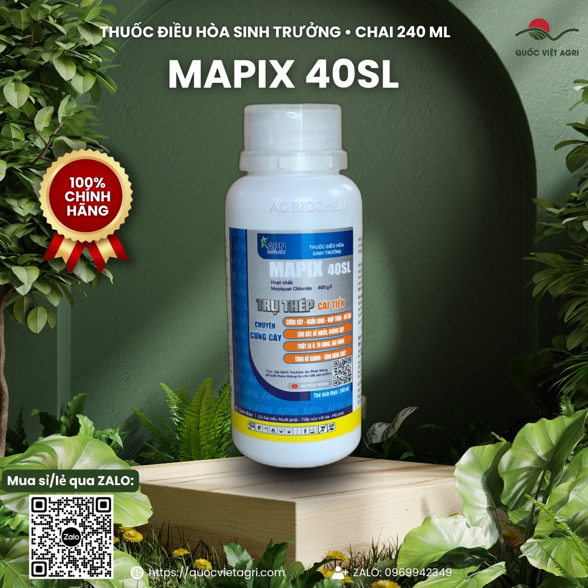 Mặt trước chai thuốc điều hòa sinh trưởng MAPIX 40SL (Trụ Thép Cải Tiến) 240 ml – mepiquat chloride 400 g/L, sản phẩm chính hãng của Quốc Việt Agri