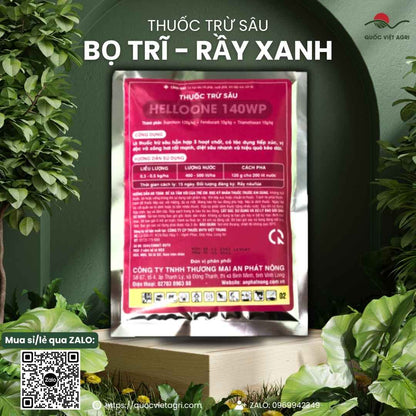 Mặt sau gói thuốc trừ sâu Hello One 140WP 120g với thông tin 3 thành phần hoạt chất và hướng dẫn sử dụng chi tiết.

