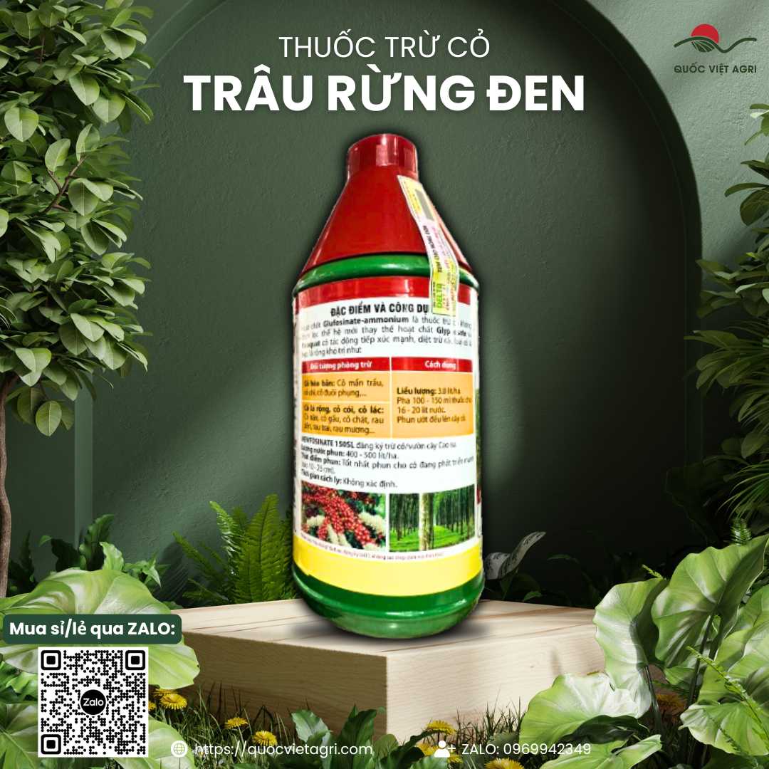 Mặt sau chai/can thuốc trừ cỏ Trâu Rừng Đen 150SL với thông tin thành phần hoạt chất Glufosinate-Ammonium và hướng dẫn sử dụng chi tiết.

