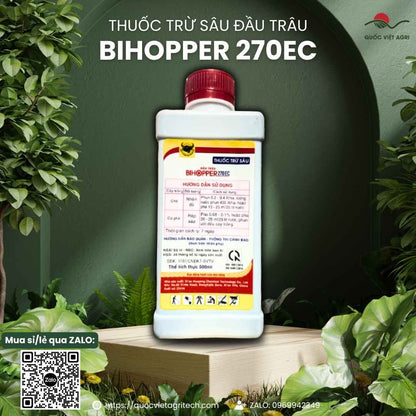 Mặt sau chai thuốc trừ sâu sinh học Đầu Trâu Bihopper 270EC 500ml với thông tin thành phần Abamectin, Petroleum Oil và hướng dẫn sử dụng.