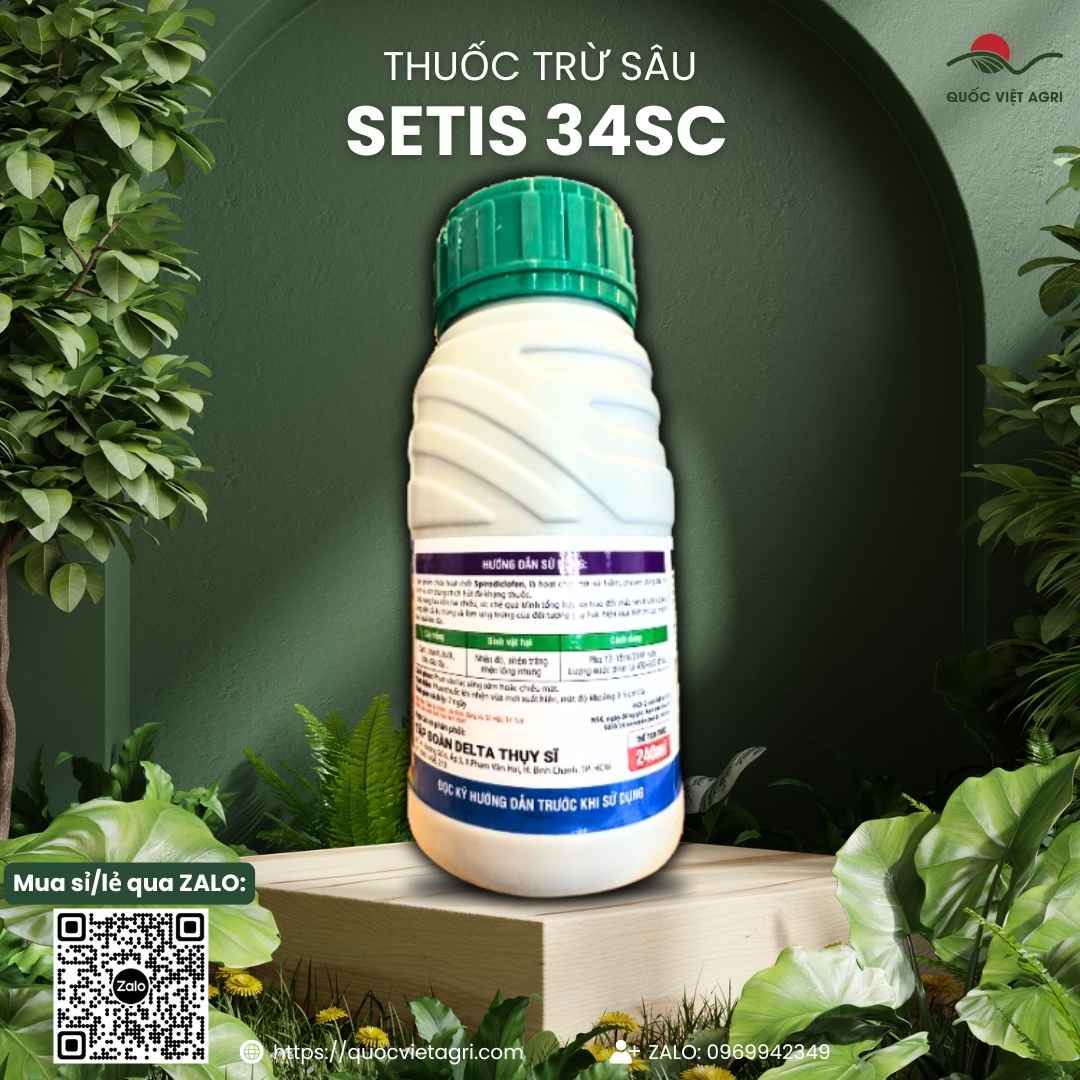Mặt sau chai thuốc trừ nhện Setis 34SC 240ml với thông tin thành phần hoạt chất Spirodiclofen và hướng dẫn sử dụng chi tiết.

