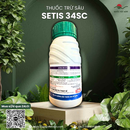 Mặt sau chai thuốc trừ nhện Setis 34SC 240ml với thông tin thành phần hoạt chất Spirodiclofen và hướng dẫn sử dụng chi tiết.

