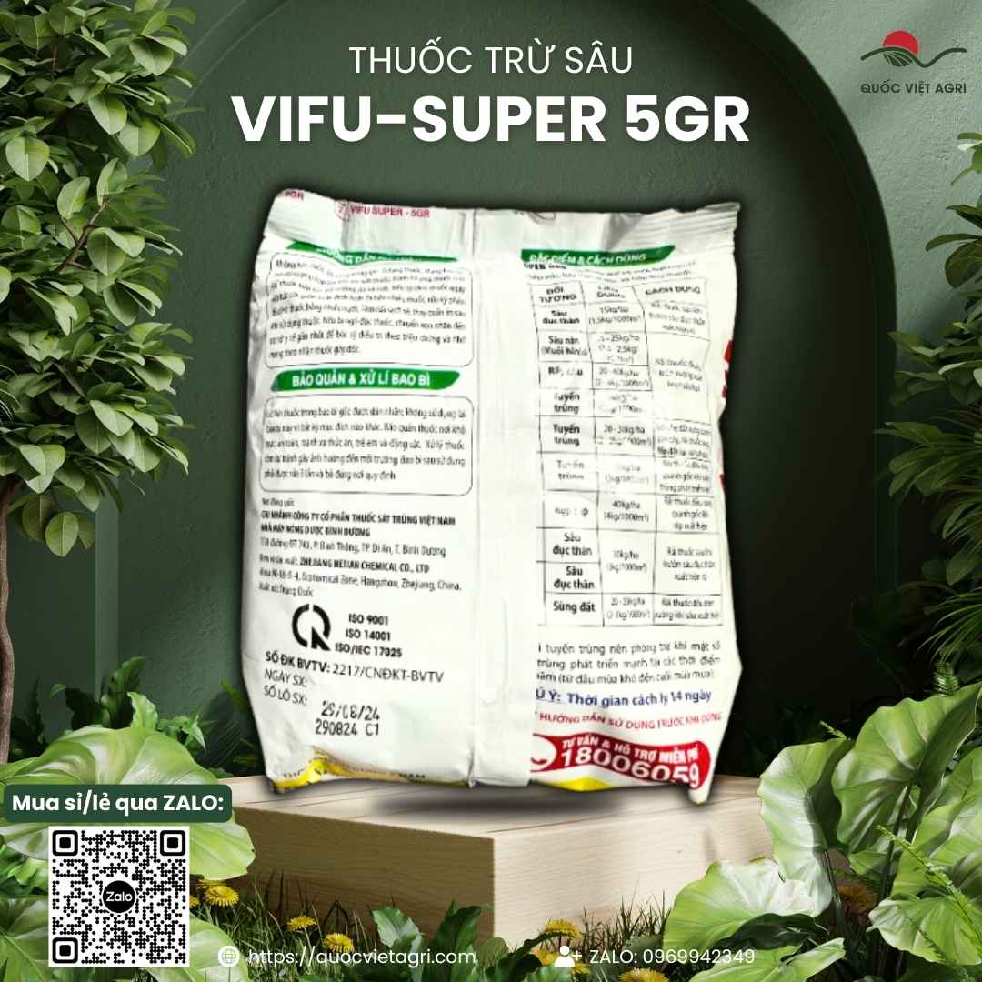 Mặt sau gói thuốc trừ sâu rải gốc Vifu Super 5GR 1kg với thông tin thành phần hoạt chất Carbosulfan và hướng dẫn sử dụng chi tiết.

