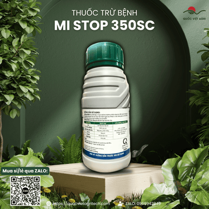 Nhãn sau chai MI STOP 350SC với đầy đủ thành phần và hướng dẫn sử dụng.