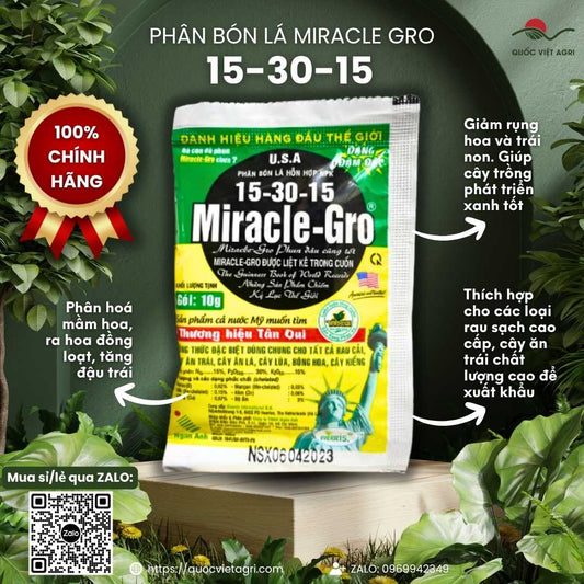 Mặt trước gói phân bón Miracle-Gro 15-30-15+TE 10g, chứa NPK 15-30-15 và vi lượng chelate, chuyên kích hoa, tăng đậu trái.

