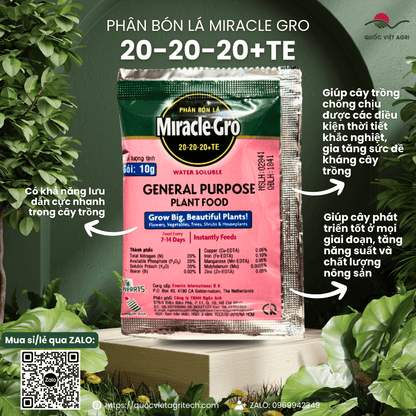 Gói phân bón lá Miracle-Gro 20-20-20+TE 10g, với thiết kế bao bì chuyên nghiệp, có cờ Hà Lan tượng trưng cho xuất xứ.