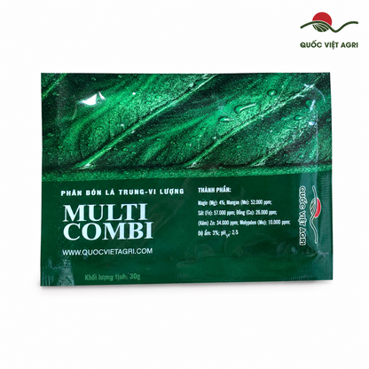 Mặt trước gói phân bón lá trung vi lượng MULTI COMBI 30g trên nền trắng – Quốc Việt Agri.
