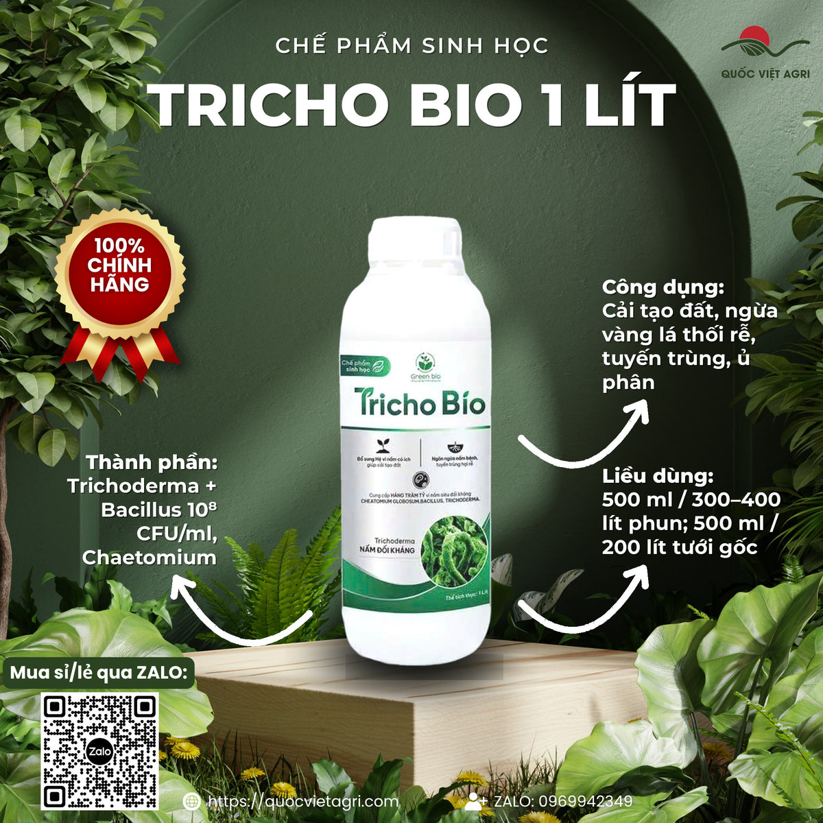 Chai nấm đối kháng Tricho Bio 1 lít Green Bio, mặt trước, Trichoderma và Bacillus 10⁸ CFU/ml, cải tạo đất và phòng tuyến trùng