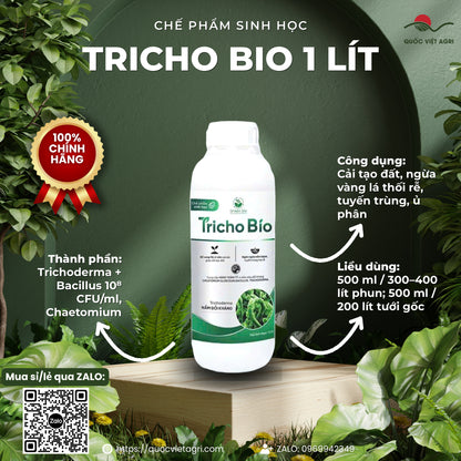 Chai nấm đối kháng Tricho Bio 1 lít Green Bio, mặt trước, Trichoderma và Bacillus 10⁸ CFU/ml, cải tạo đất và phòng tuyến trùng