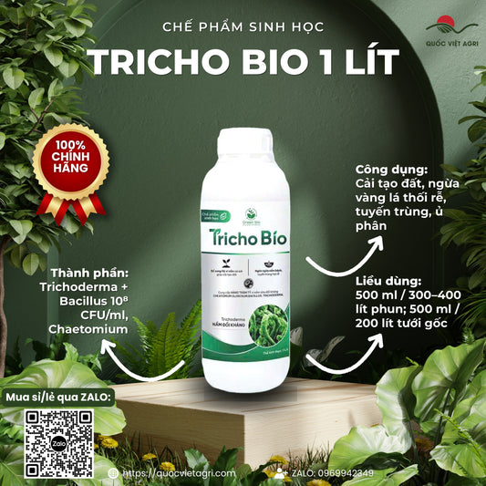 Chai nấm đối kháng Tricho Bio 1 lít Green Bio, mặt trước, Trichoderma và Bacillus 10⁸ CFU/ml, cải tạo đất và phòng tuyến trùng