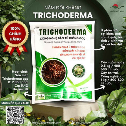 Mặt trước gói nấm đối kháng Trichoderma 1kg chuẩn công nghệ ĐH Nông Lâm.