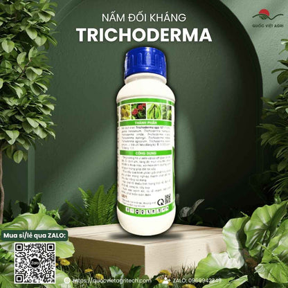 Mặt sau chai nấm đối kháng Trichoderma 450ml, chuyên dùng để cải tạo đất, trừ nấm bệnh, sản phẩm chính hãng của Quốc Việt Agri.
