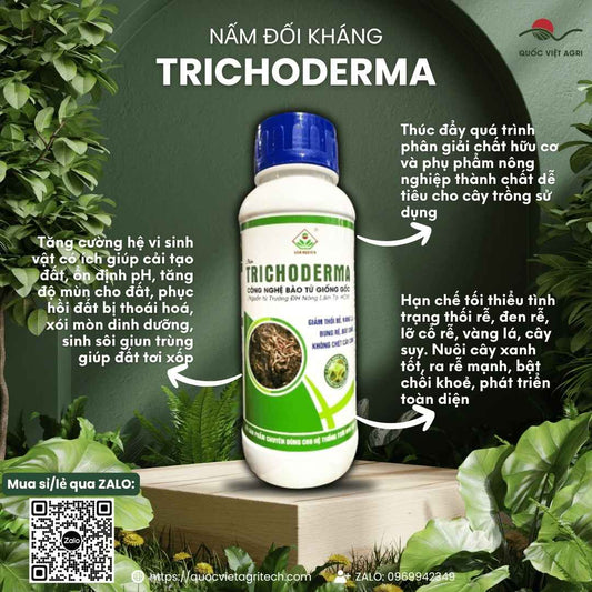 Mặt trước chai nấm đối kháng Trichoderma 450ml, chuyên dùng để cải tạo đất, trừ nấm bệnh, sản phẩm chính hãng của Quốc Việt Agri.

