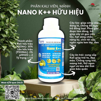 Mặt trước chai Phân Bón NANO K++ Hữu Hiệu 500ml, chứa Kali 30%, Lân, chuyên cứng cây, ngọt trái, sáng hạt.
