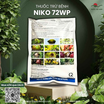 Gói thuốc trừ bệnh Niko 72WP 500g – mặt sau với bảng hướng dẫn theo cây trồng