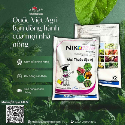 Gói thuốc trừ bệnh Niko 72WP 500g – mặt trước bao bì, kèm cam kết chính hãng Quốc Việt Agri