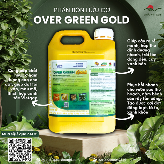 Mặt trước can phân bón hữu cơ OVER GREEN GOLD 5 Lít, nhãn hiệu An Phát Nông rõ ràng, nhập khẩu Tây Ban Nha, phân phối bởi Quốc Việt Agri.