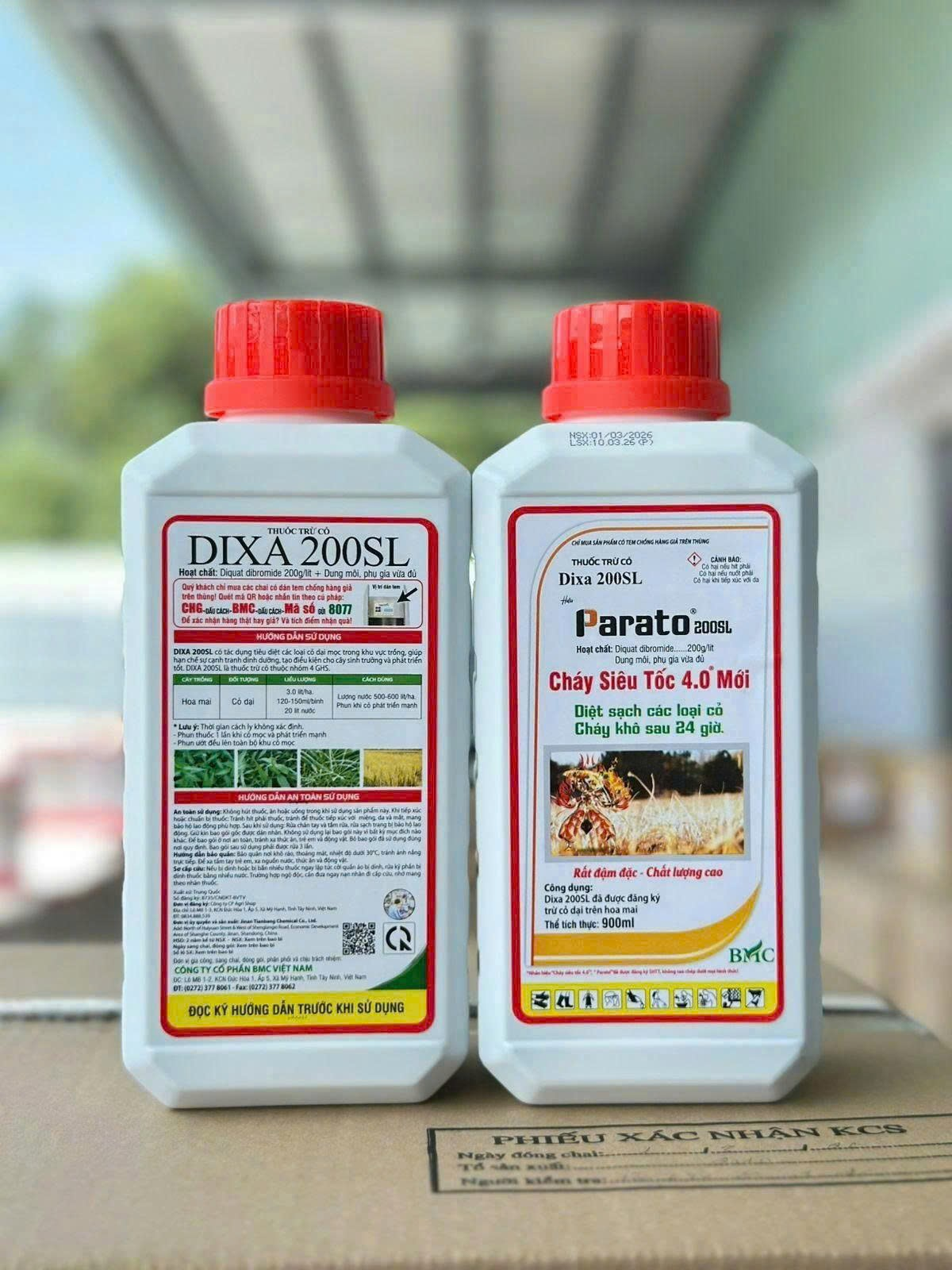 Parato 200SL – Dixa 200SL diquat 200 g/l, 900 ml: mặt sau hướng dẫn sử dụng và mặt trước chai