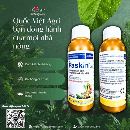 Ảnh toàn diện chai thuốc trừ bệnh Paskin 250 (Pyrolax 250EC) 240ml, chuyên dùng để trị thán thư, sương mai, sản phẩm chính hãng.