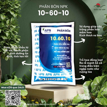Mặt trước gói phân bón NPK 10-60-10+TE 1kg, chuyên siêu tạo mầm hoa, kích rễ.

