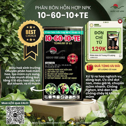 Mặt trước hộp phân bón Siêu Lân 10-60-10 QVA 1KG, chuyên dùng để kích thích ra hoa, tạo mầm, sản phẩm chính hãng.

