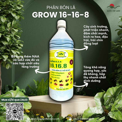 Mặt trước chai Phân Bón Lá GROW 8-3-4 BA LÁ XANH 1L, đậm đặc 16-16-8, kích thích ra hoa, đậu trái, tăng trưởng vượt trội.
