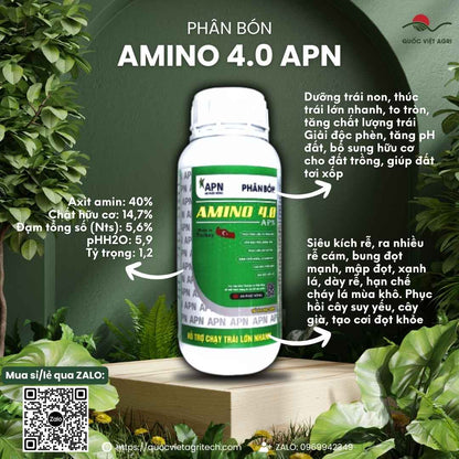 Mặt trước chai Phân Bón Hữu Cơ AMINO 4.0 500ml/1L, chứa Axit Amin 40%, nhập khẩu Thổ Nhĩ Kỳ, lớn trái nhanh.

