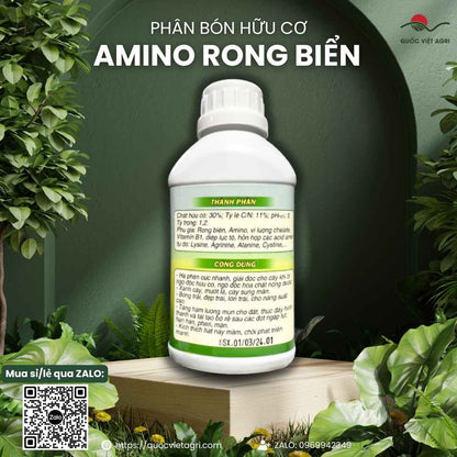 Bảng thành phần hữu cơ 30% và Axit Amin mặt sau chai Amino Rong Biển.