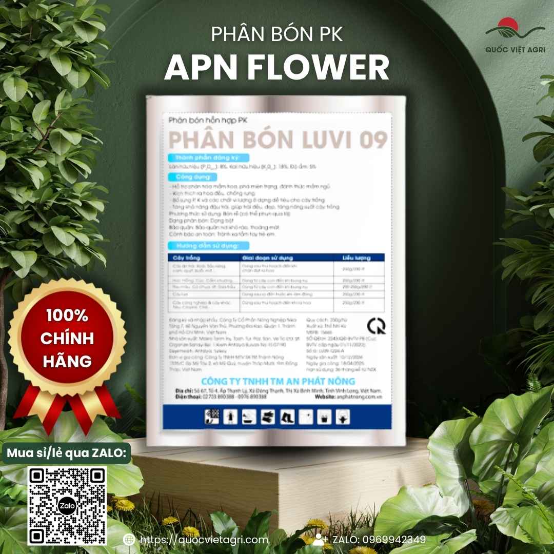 Mặt sau gói phân bón lá APN Flower 250g, chuyên dùng để đánh thức mầm hoa, sản phẩm chính hãng An Phát Nông.
