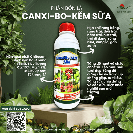 Mặt trước chai phân bón lá SIÊU CANXI BO KẼM SỮA 1 Lít, nhãn hiệu rõ ràng, chuyên dùng cho cây ăn trái, sản phẩm của Quốc Việt Agri.