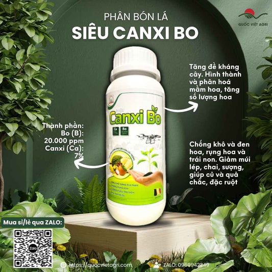 Mặt trước chai phân bón lá Siêu Canxi Bo Nicotex 500ml, chuyên dùng để chống rụng hoa, nứt trái, hàm lượng Bo 20.000ppm.