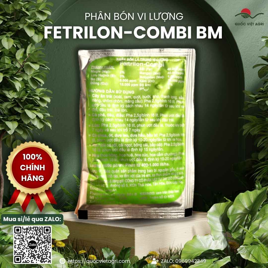 Mặt sau gói Fetrilon Combi-BM 25g với thông tin thành phần vi lượng Fe, Mn, Zn, B ở dạng Chelate và hướng dẫn sử dụng.