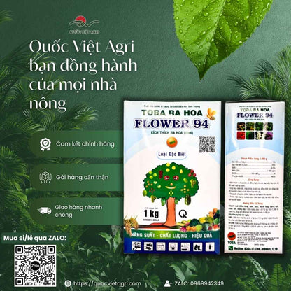 Hình ảnh tổng quan sản phẩm Flower 94 Đặc Biệt, giải pháp kích hoa nghịch vụ, chống rụng trái non cho xoài, sầu riêng, cây có múi từ Quốc Việt Agri.