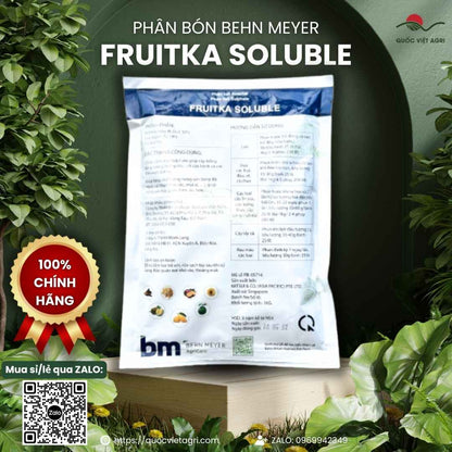 Mặt sau gói Fruitka với chỉ số Kali 50%, Lưu huỳnh 18% hòa tan 100%.