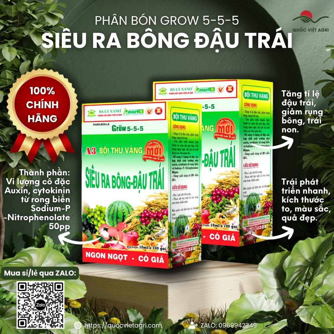Mặt trước gói Phân bón lá GROW 5-5-5 Ba Lá Xanh 10ml siêu ra bông.