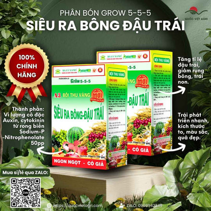 Mặt trước gói Phân bón lá GROW 5-5-5 Ba Lá Xanh 10ml siêu ra bông.