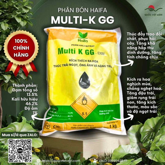 Mặt trước gói phân bón Haifa Multi-K GG EXIM 1KG, chuyên dùng để tăng độ ngọt, chắc hạt, sản phẩm chính hãng nhập khẩu từ Israel.


