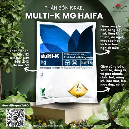 Mặt trước gói phân bón Haifa Multi-K Mg 1KG, chuyên dùng để tăng độ ngọt, chắc hạt, sản phẩm chính hãng nhập khẩu từ Israel.

