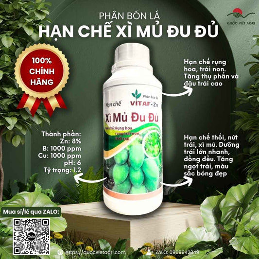 Mặt trước chai phân bón lá Hạn Chế Xì Mủ Đu Đủ 500ml, chuyên dùng để chống rụng, nứt trái, sản phẩm chính hãng VITAF.

