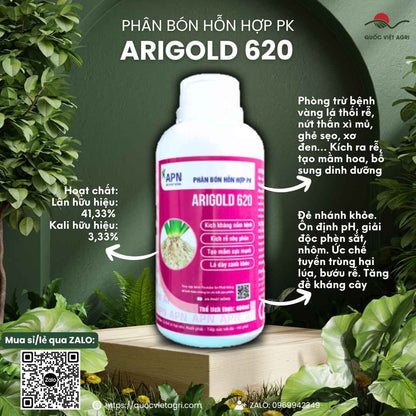 Mặt trước chai phân bón Arigold 620 400ml An Phát Nông Đức.