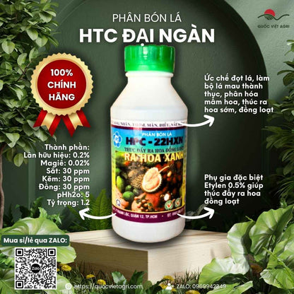 Mặt trước chai Ra Hoa Xanh HPC 97 500ml, chuyên kích thích ra hoa đồng loạt, chặn đọt non, thương hiệu HTC Đại Ngàn.