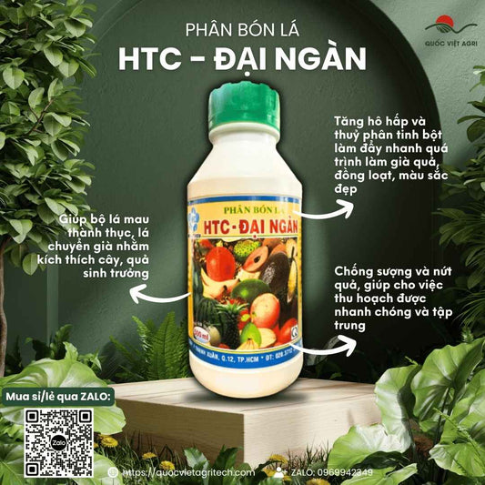 Mặt trước chai phân bón lá HTC Đại Ngàn Nhúng Chín Trái 500ml, chuyên dùng để kích thích trái cây chín nhanh, sản phẩm của Quốc Việt Agri.

